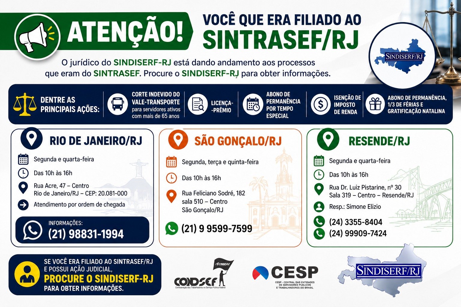 SINDISERF-RJ amplia atendimento a ex-filiados do SINTRASEF e dá andamento a ações judiciais